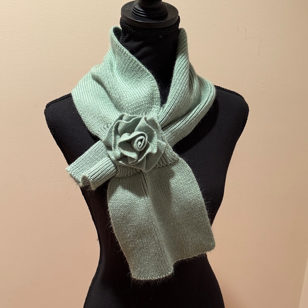Jennifer Sun Chic Mint Green Knit Scarf with Floral Detail, cute and soft
